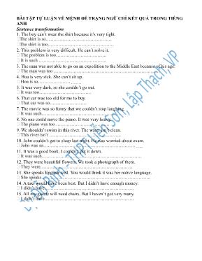 Bài tập tự luận về mệnh đề trạng ngữ chỉ kết quả trong tiếng Anh